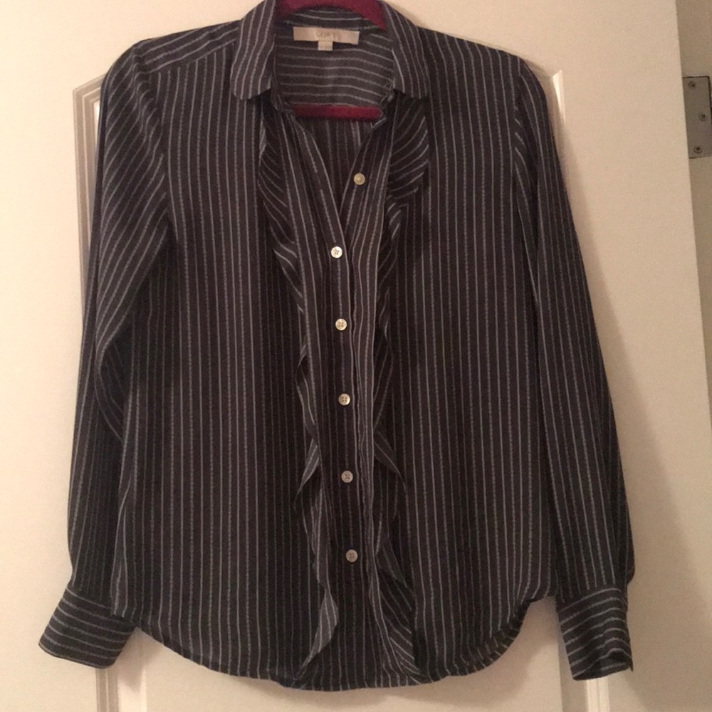 LOFT XS- striped collared top with ruffle detail